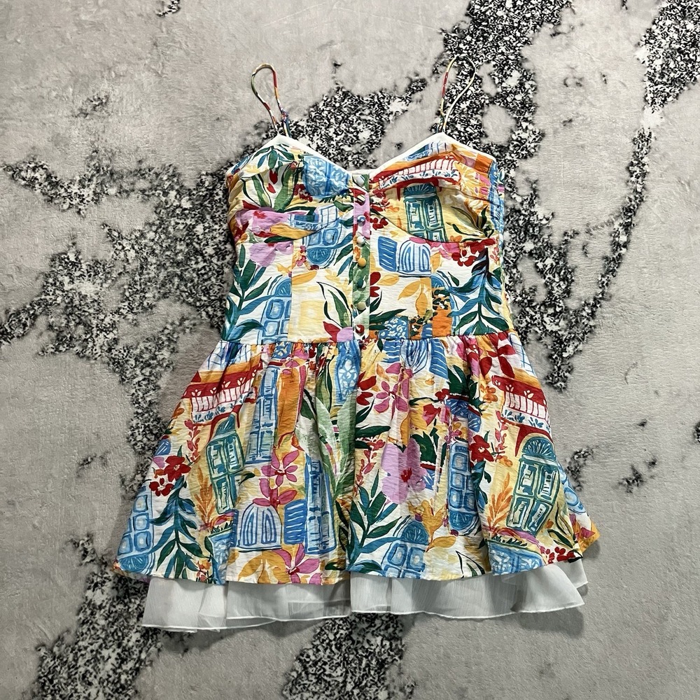 Isla‎ Sundress Women Womens Sz L Colorful Tropical Print Button Front Fit Flare
